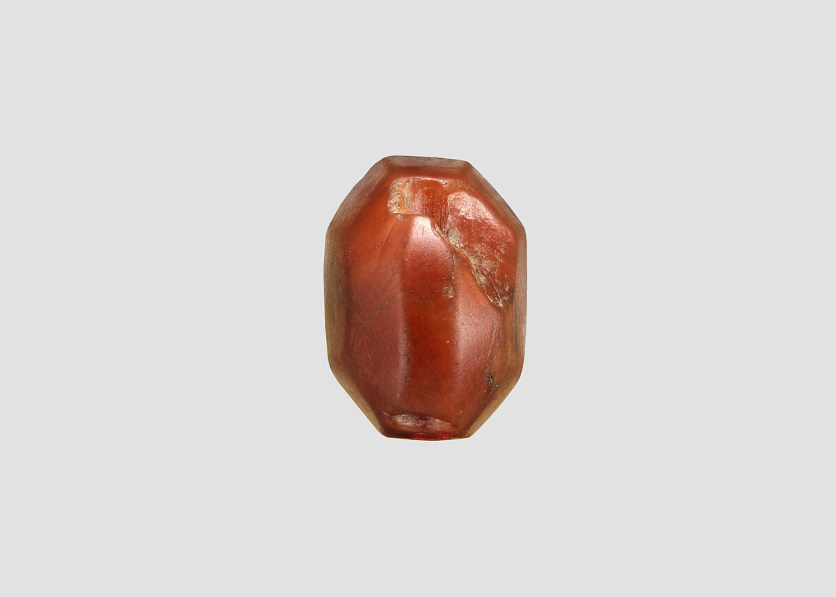 Stamp seal (octagonal pyramid) with cultic scene, Flawed Carnelian (Quartz), Assyro-Babylonian