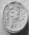 Stamp seal (scaraboid) with deity and divine symbols, Flawed neutral Chalcedony (Quartz), Assyro-Babylonian 