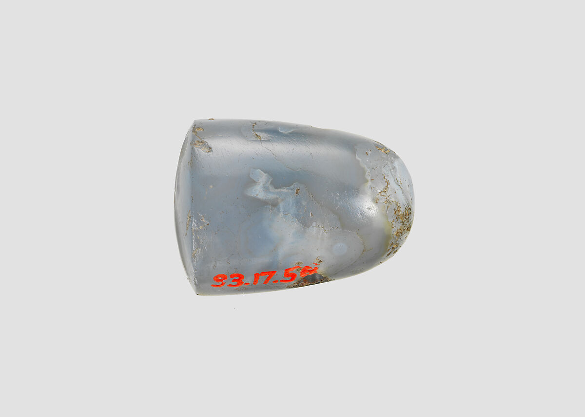 Stamp seal (oval conoid) with cultic scene, Banded and flawed blue Chalcedony (Quartz) , Assyro-Babylonian