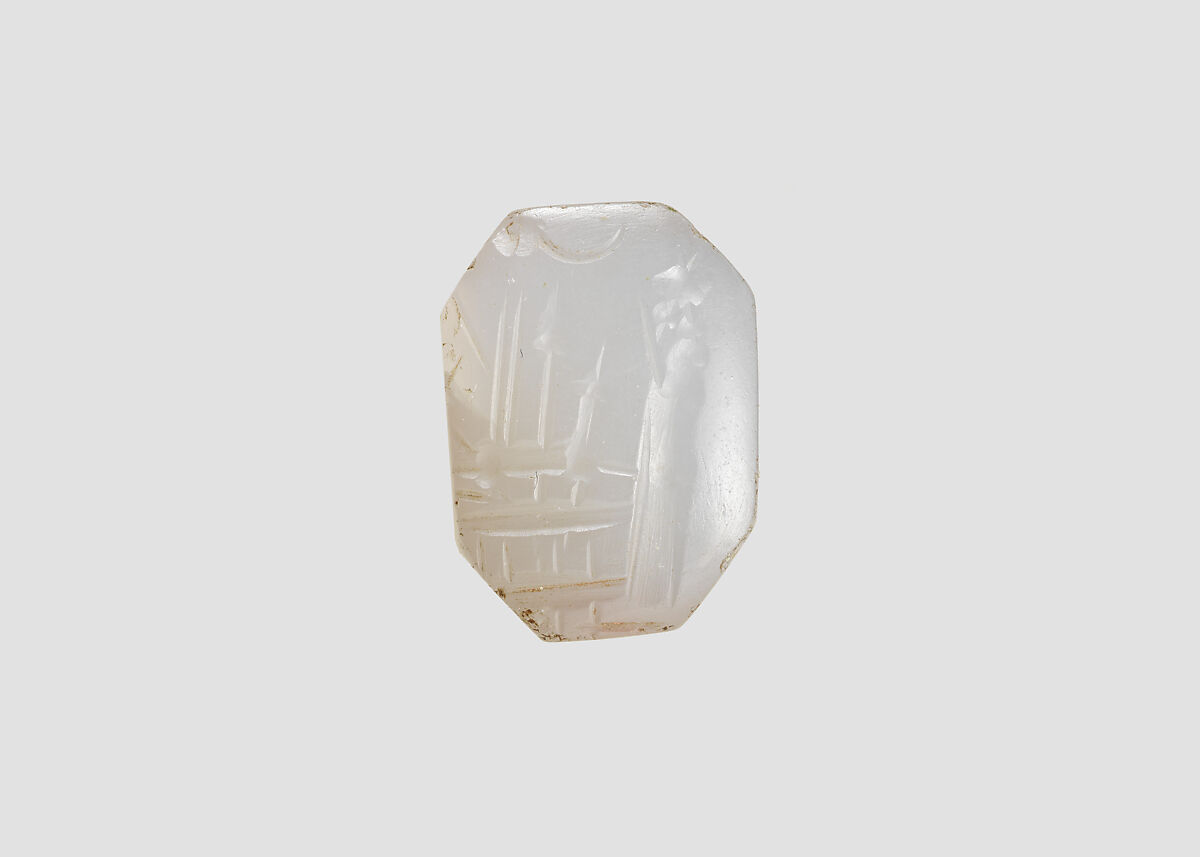 Stamp seal (octagonal pyramid) with cultic scene, Neutral Chalcedony (Quartz), Assyro-Babylonian