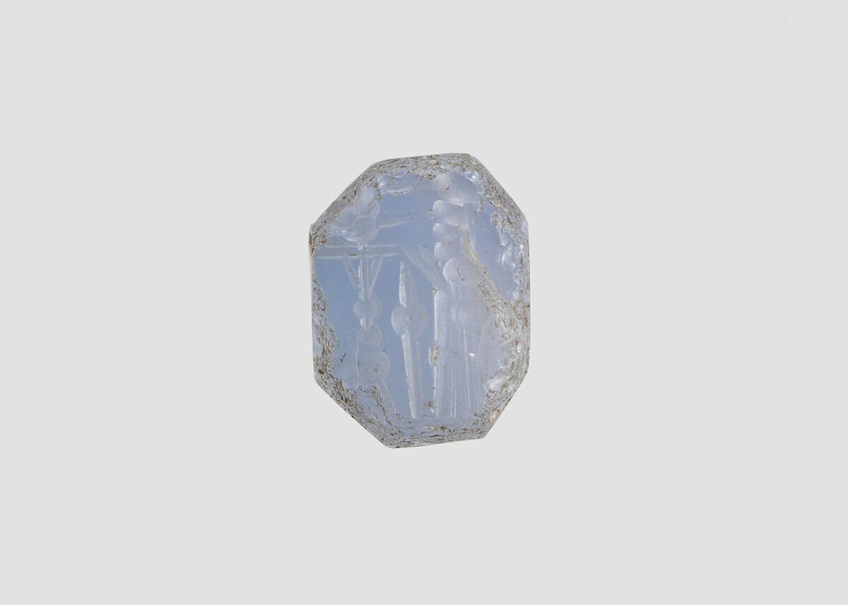 Stamp seal (octagonal pyramid) with cultic scene, Banded and flawed blue Chalcedony (Quartz) , Assyro-Babylonian