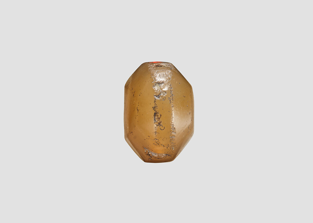 Stamp seal (octagonal pyramid) with cultic scene, Neutral Chalcedony (Quartz), Assyro-Babylonian