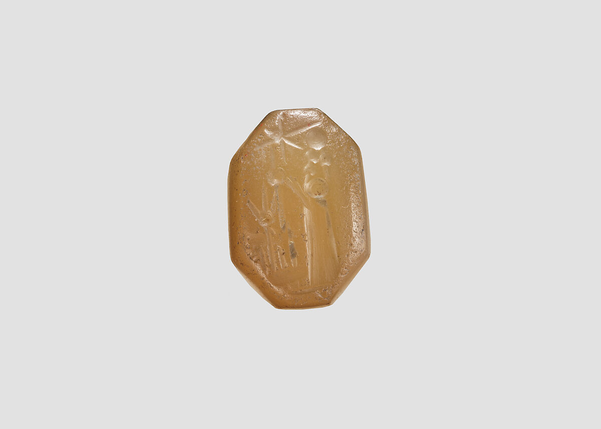 Stamp seal (octagonal pyramid) with cultic scene, Neutral Chalcedony (Quartz), Assyro-Babylonian