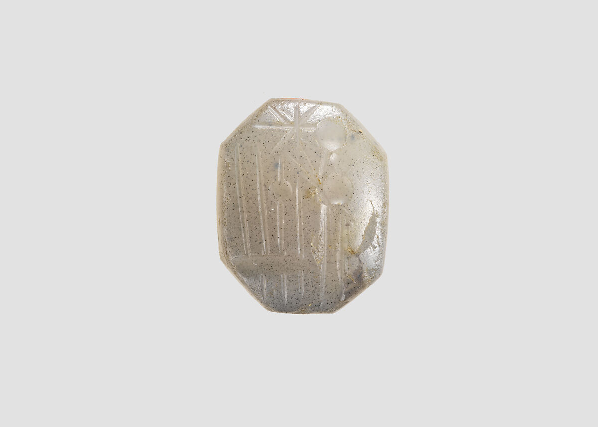 Stamp seal (octagonal pyramid) with cultic scene, Flawed neutral Chalcedony (Quartz), Assyro-Babylonian