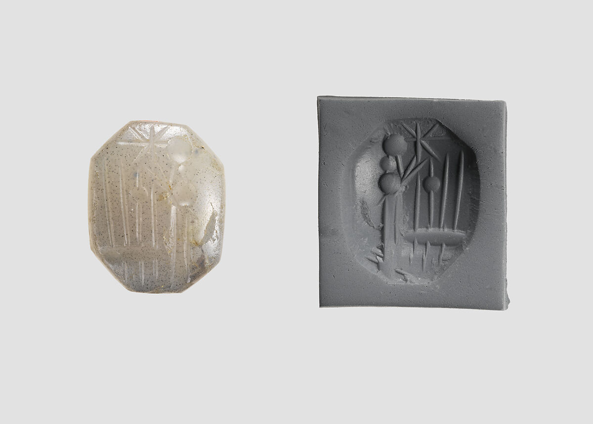 Stamp seal (octagonal pyramid) with cultic scene, Flawed neutral Chalcedony (Quartz), Assyro-Babylonian 