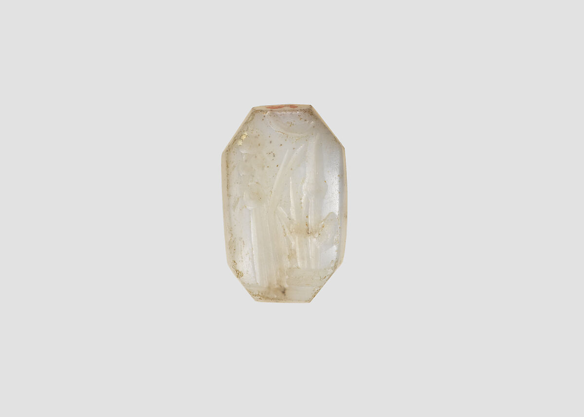 Stamp seal (octagonal pyramid) with cultic scene, White Chalcedony (Quartz), Assyro-Babylonian