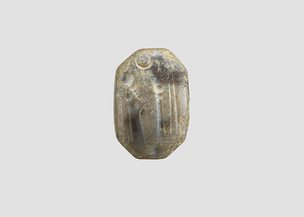 Stamp seal (octagonal pyramid) with cultic scene, Variegated neutral Chalcedony (Quartz), Assyro-Babylonian