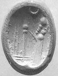 Stamp seal (octagonal pyramid) with cultic scene, Variegated neutral Chalcedony (Quartz), Assyro-Babylonian 