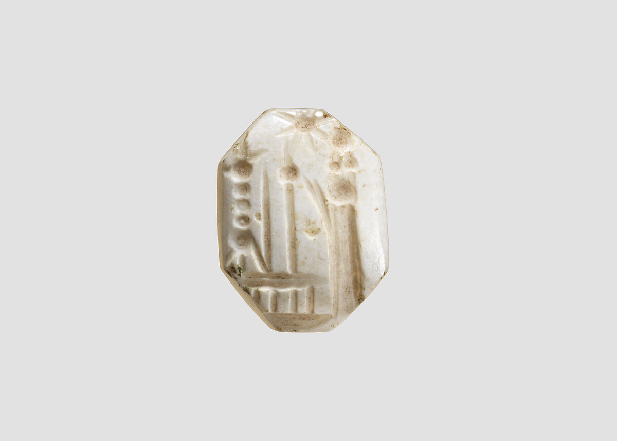 Stamp seal (octagonal pyramid) with cultic scene, White Chalcedony (Quartz), Assyro-Babylonian