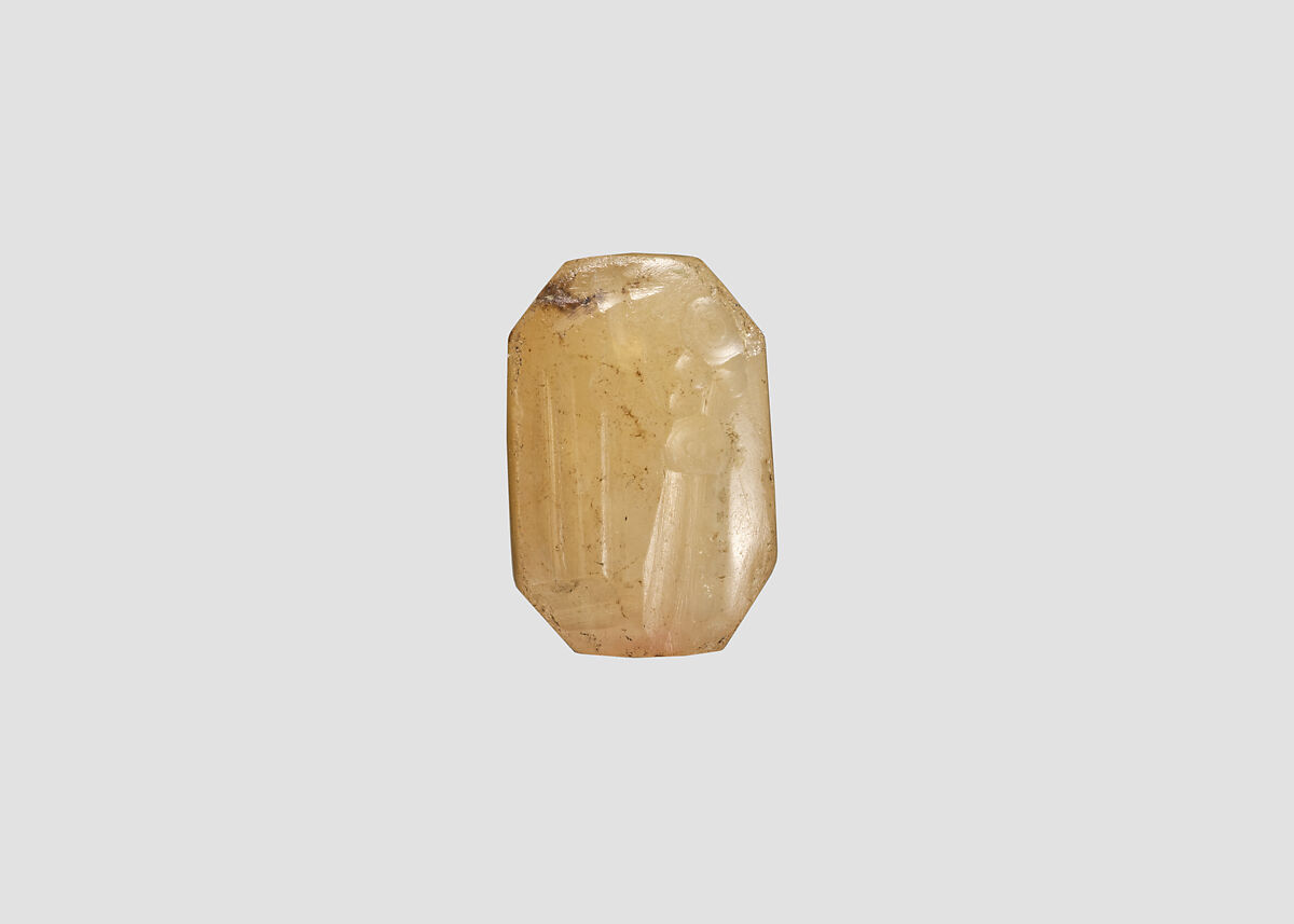 Stamp seal (octagonal pyramid) with cultic scene, Flawed neutral Chalcedony (Quartz), Assyro-Babylonian