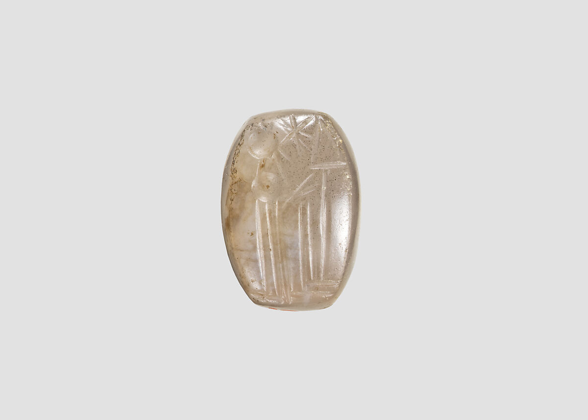 Stamp seal (oval conoid) with cultic scene, Flawed neutral Chalcedony (Quartz), Assyro-Babylonian