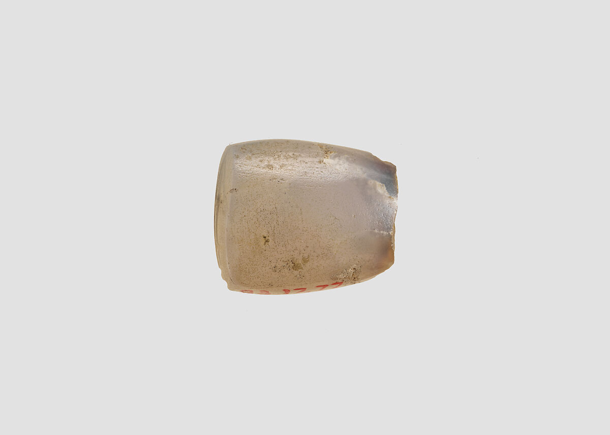Stamp seal (oval conoid) with cultic scene, Flawed neutral Chalcedony (Quartz), Assyro-Babylonian
