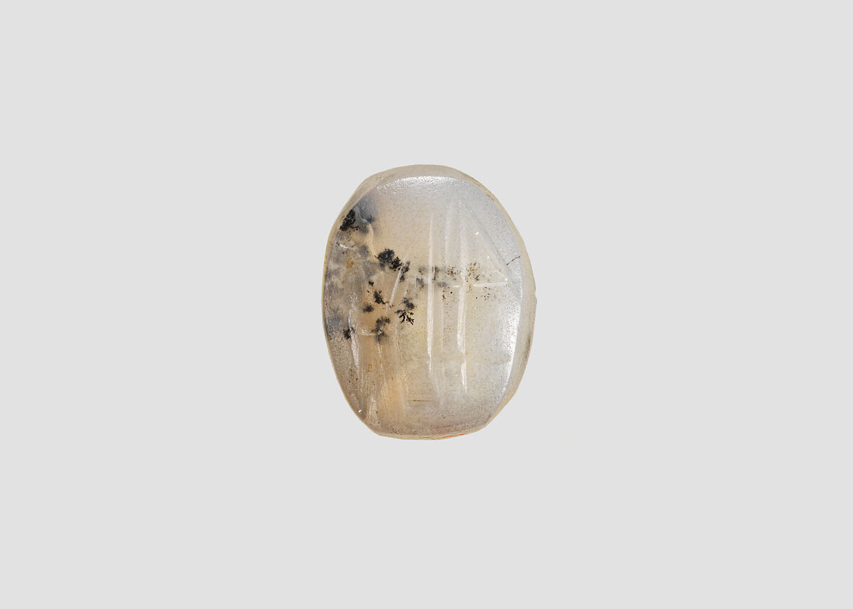 Stamp seal (oval conoid) with cultic scene, Flawed neutral Chalcedony (Quartz), Assyro-Babylonian