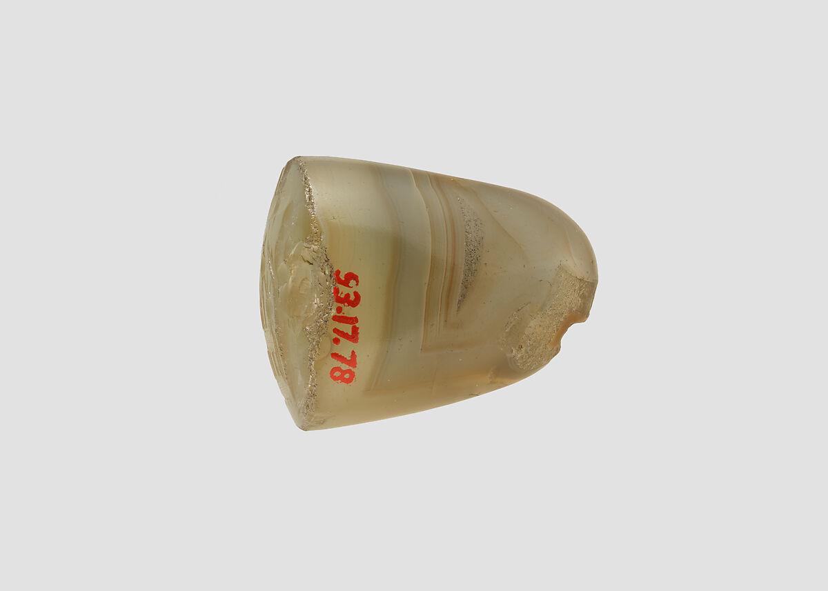 Stamp seal (oval conoid) with cultic scene, Flawed neutral Agate (Quartz), Assyrian