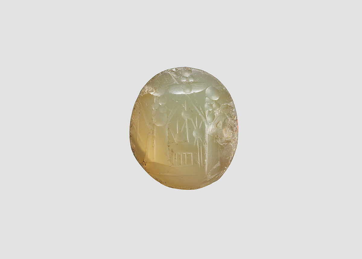 Stamp seal (oval conoid) with cultic scene, Flawed neutral Agate (Quartz), Assyrian