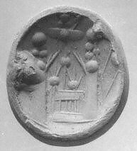 Stamp seal (oval conoid) with cultic scene, Flawed neutral Agate (Quartz), Assyrian 