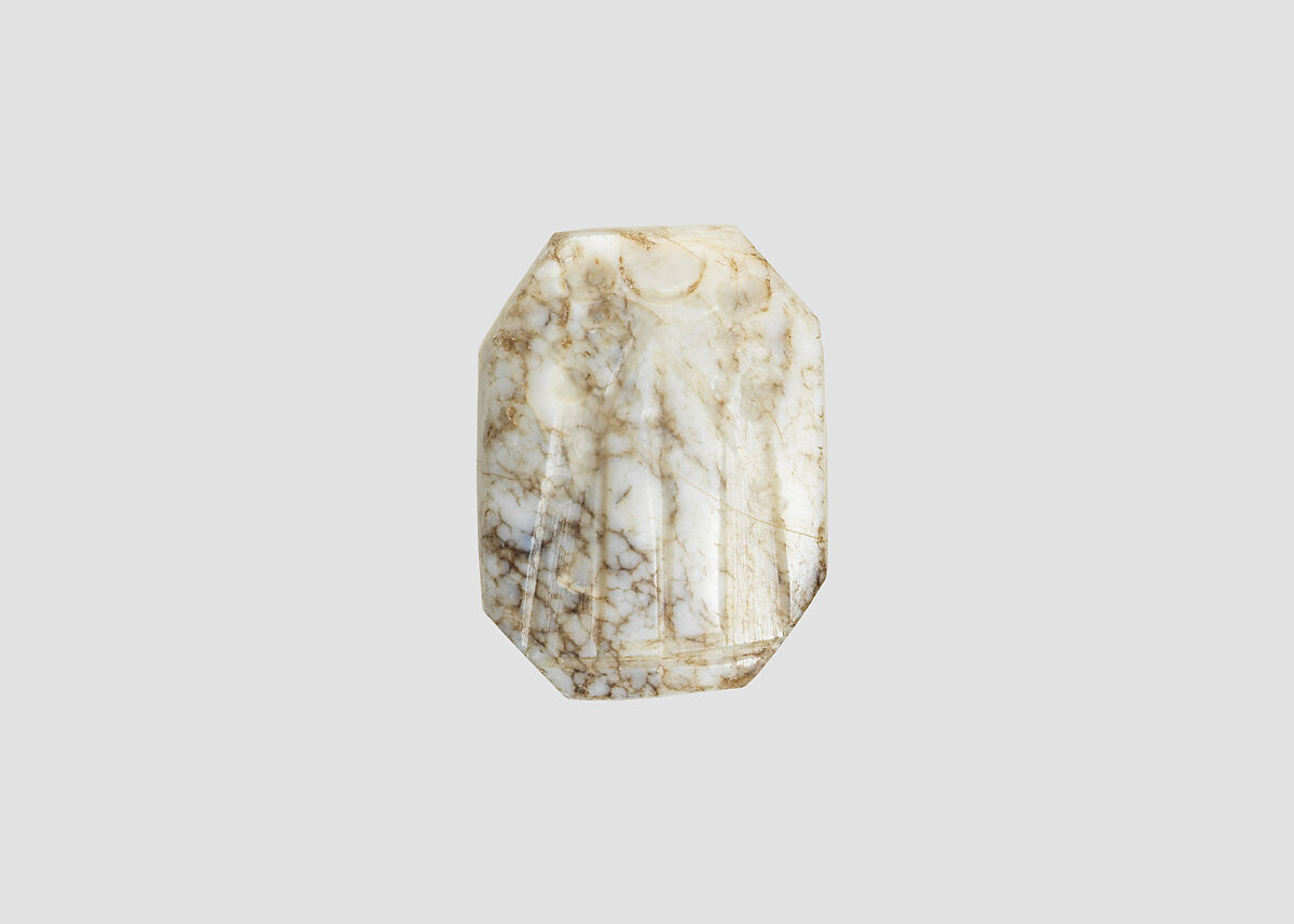 Stamp seal (octagonal pyramid) with cultic scene, Veined and flawed white and black Chalcedony (Quartz), possibly enhanced through heating, Assyro-Babylonian