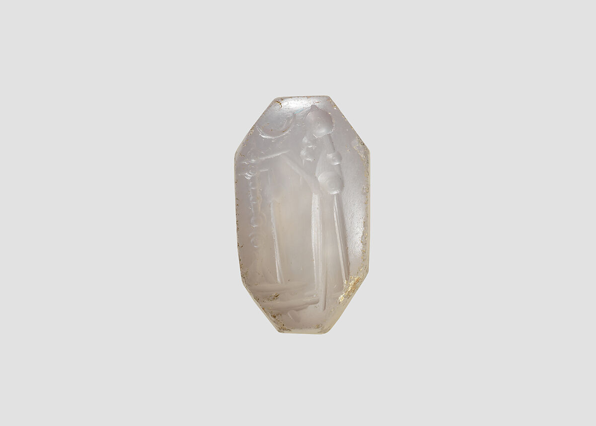 Stamp seal (octagonal pyramid) with cultic scene, Flawed neutral Chalcedony (Quartz), Assyro-Babylonian