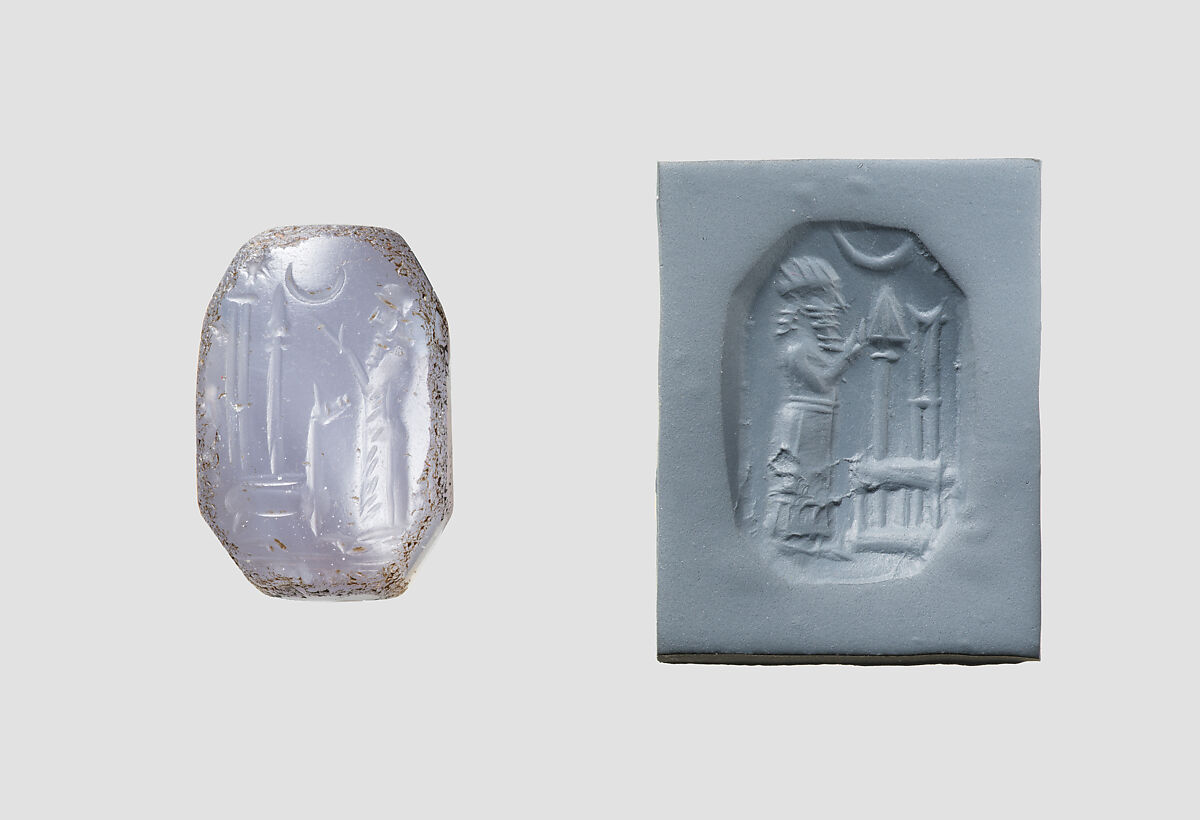 Stamp seal (octagonal pyramid) with cultic scene, Blue Chalcedony (Quartz), Assyro-Babylonian 