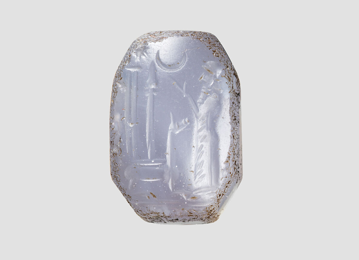 Stamp seal (octagonal pyramid) with cultic scene, Blue Chalcedony (Quartz), Assyro-Babylonian