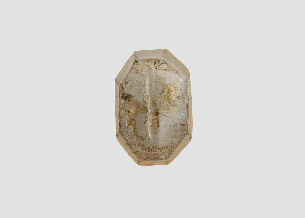 Stamp seal (octagonal pyramid) with cultic scene, Banded and flawed neutral Chalcedony (Quartz), Assyrian