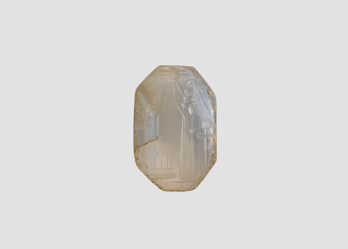 Stamp seal (octagonal pyramid) with cultic scene, Banded and flawed neutral Chalcedony (Quartz), Assyrian
