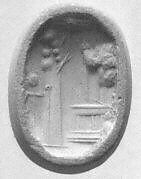 Stamp seal (octagonal pyramid) with cultic scene, Banded and flawed neutral Chalcedony (Quartz), Assyrian 