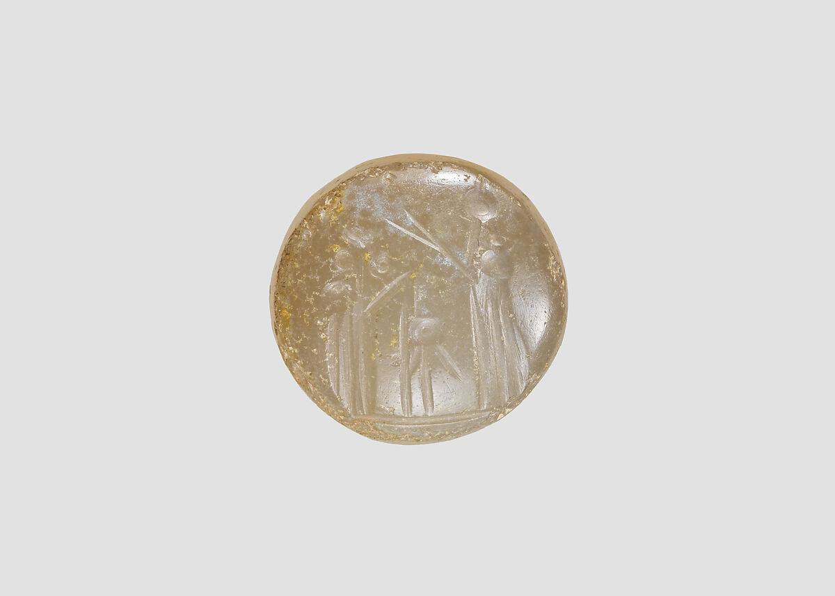Stamp seal (conoid) with cultic scene, Mottled neutral Chalcedony (Quartz) , Assyro-Babylonian