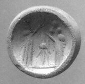 Stamp seal (conoid) with cultic scene, Mottled neutral Chalcedony (Quartz) , Assyro-Babylonian 