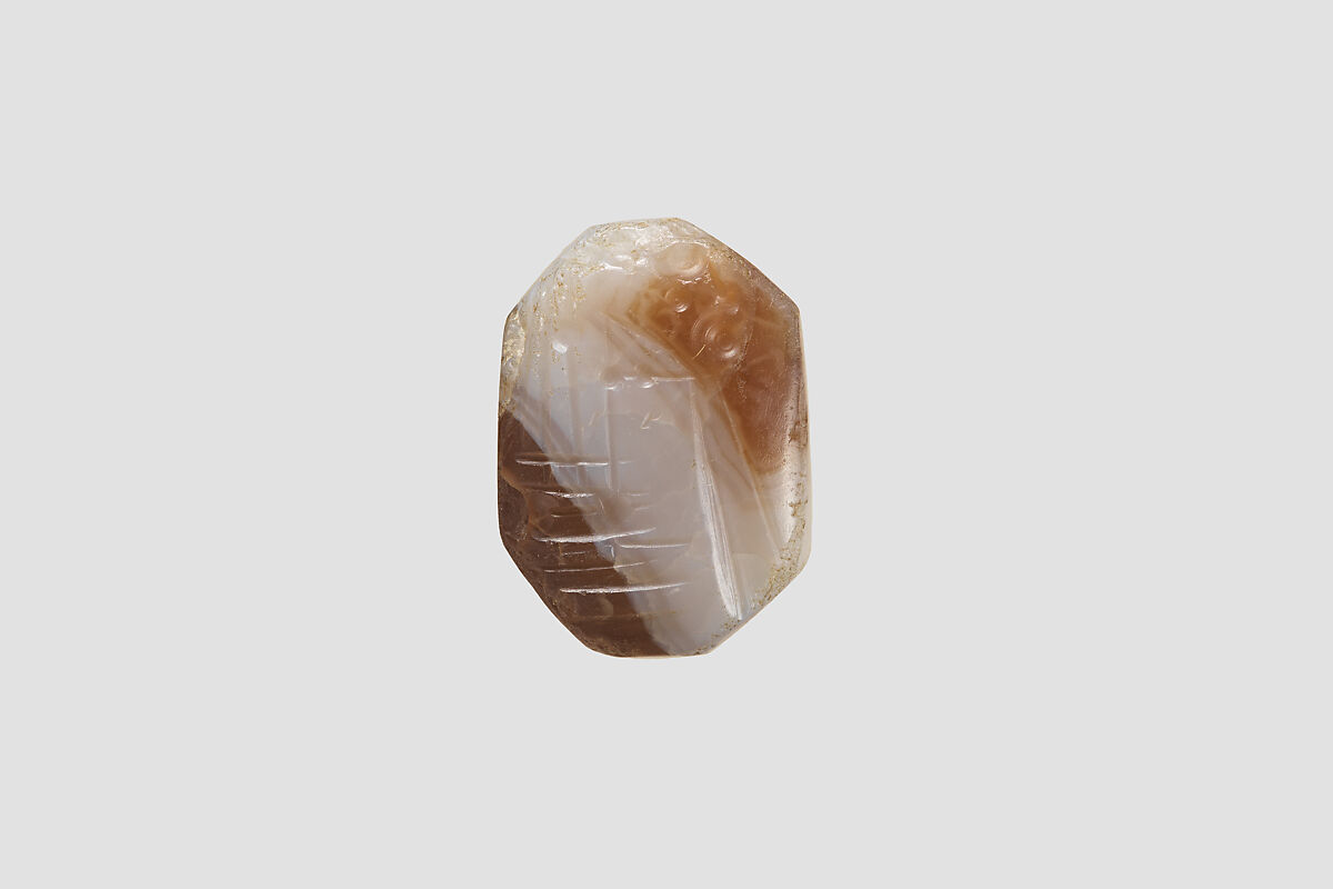 Stamp seal (octagonal pyramid) with cultic scene, Brown and white Agate (Quartz), Assyro-Babylonian