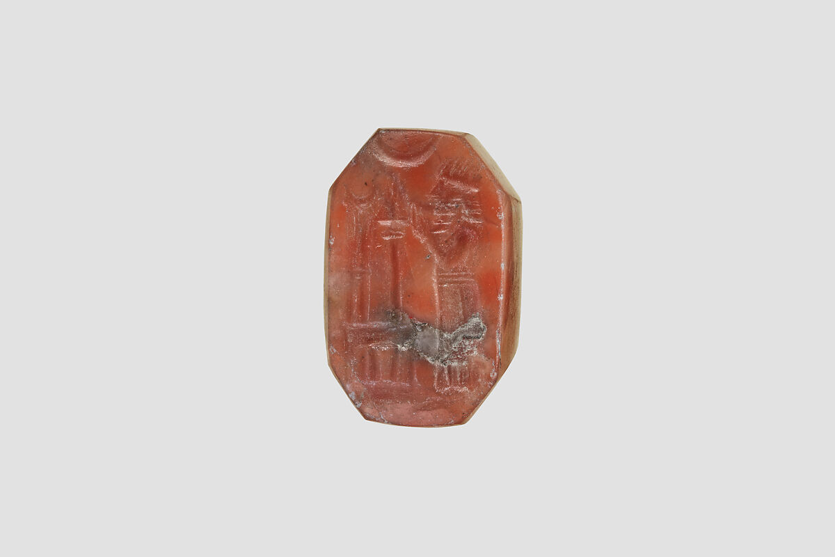 Stamp seal (octagonal pyramid) with cultic scene, Mottled and flawed orange and red Carnelian (Quartz), Assyro-Babylonian
