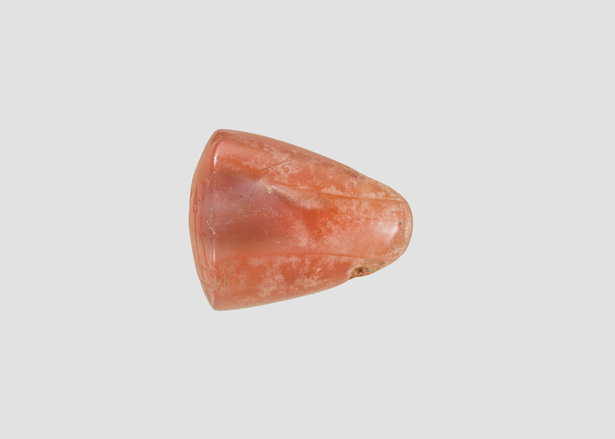 Stamp seal (oval conoid) with cultic scene, Banded pink Carnelian (Quartz), possibly etched to produce white mottling, Assyro-Babylonian
