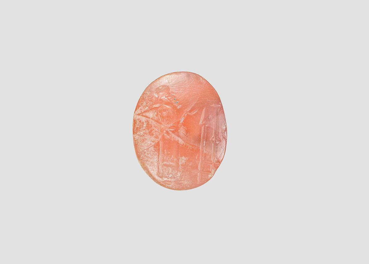 Stamp seal (oval conoid) with cultic scene, Banded pink Carnelian (Quartz), possibly etched to produce white mottling, Assyro-Babylonian