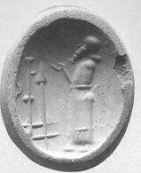 Stamp seal (oval conoid) with cultic scene, Banded pink Carnelian (Quartz), possibly etched to produce white mottling, Assyro-Babylonian 