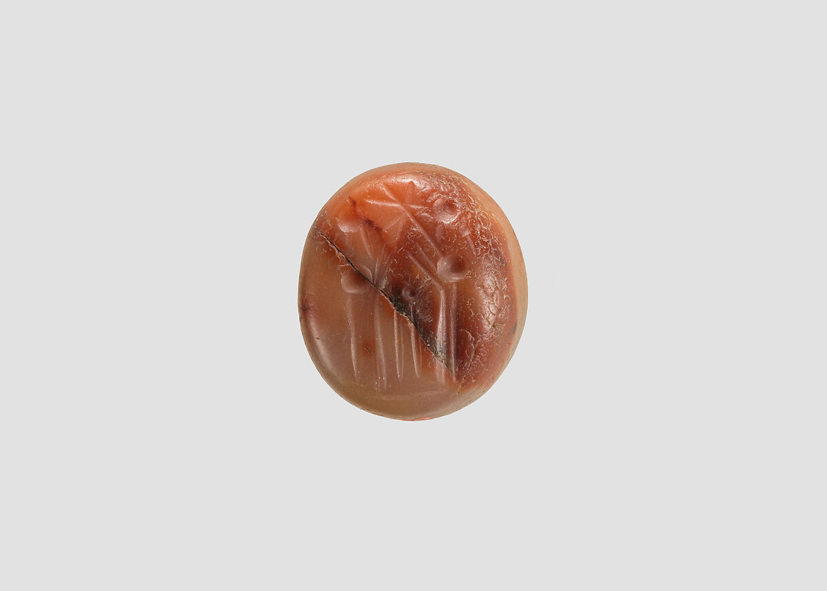 Stamp seal (oval conoid) with cultic scene, Variegated and veined neutral and red Chalcedony (Quartz), Assyro-Babylonian