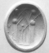 Stamp seal (oval conoid) with cultic scene, Variegated and veined neutral and red Chalcedony (Quartz), Assyro-Babylonian 