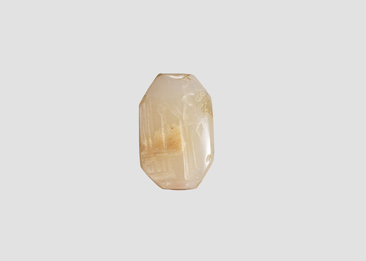 Stamp seal (octagonal pyramid) with cultic scene, Banded and flawed neutral Chalcedony (Quartz), Assyro-Babylonian