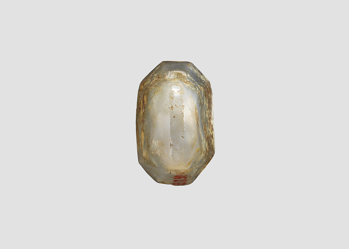 Stamp seal (octagonal pyramid) with cultic scene, Flawed neutral Chalcedony (Quartz), Assyro-Babylonian