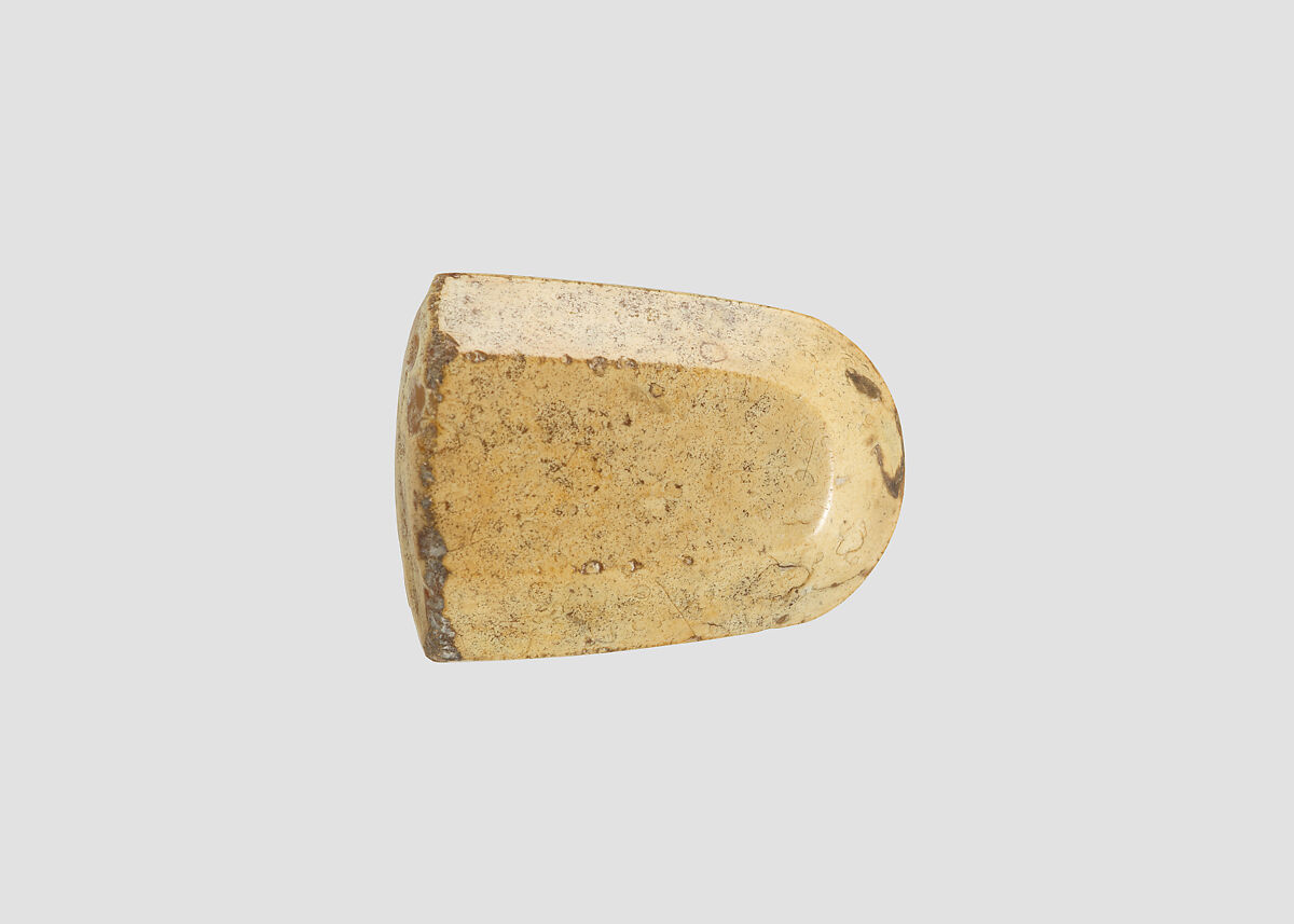 Stamp seal (octagonal pyramid) with cultic scene, Neutral Chalcedony (Quartz), possibly etched to produce yellow mottling, Assyrian
