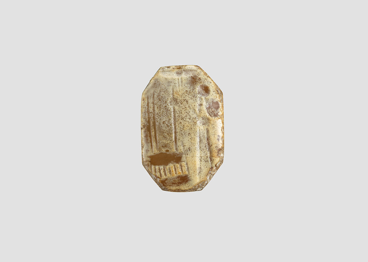 Stamp seal (octagonal pyramid) with cultic scene, Neutral Chalcedony (Quartz), possibly etched to produce yellow mottling, Assyrian