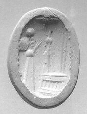 Stamp seal (octagonal pyramid) with cultic scene, Neutral Chalcedony (Quartz), possibly etched to produce yellow mottling, Assyrian 
