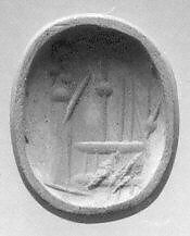 Stamp seal (oval conoid) with cultic scene, Banded and flawed neutral Chalcedony (Quartz), Assyro-Babylonian 