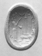 Stamp seal (octagonal pyramid) with cultic scene, Flawed neutral Chalcedony (Quartz), possibly etched to produce mottling, Assyro-Babylonian 