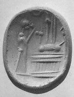 Stamp seal (octagonal pyramid) with cultic scene, Flawed neutral Chalcedony (Quartz), Assyro-Babylonian 