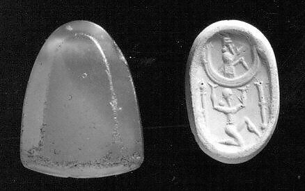 Stamp seal (octagonal pyramid) with deity and divine symbols, Banded and flawed neutral Chalcedony (Quartz), Assyro-Babylonian 