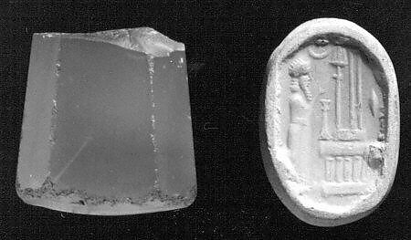 Stamp seal (octagonal pyramid) with cultic scene, Banded blue Chalcedony (Quartz) , Assyro-Babylonian 