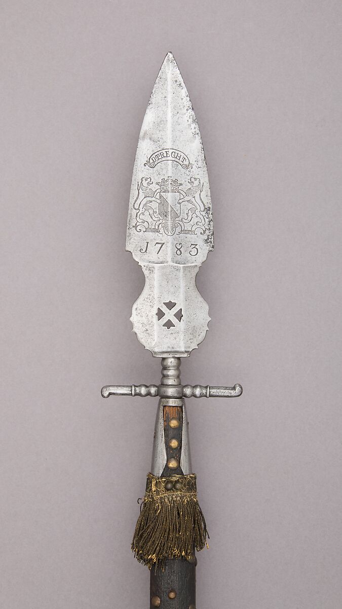 Spontoon, Steel, wood, textile, metallic thread, Dutch