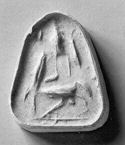 Stamp seal (rounded triangular base with loop handle) with anthropomorphic figure and animals, Steatite, black, Syro-Anatolian 