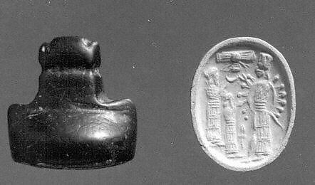 Stamp seal (oval base with hammer handle) with cultic scene, Black Limestone, Assyrian 