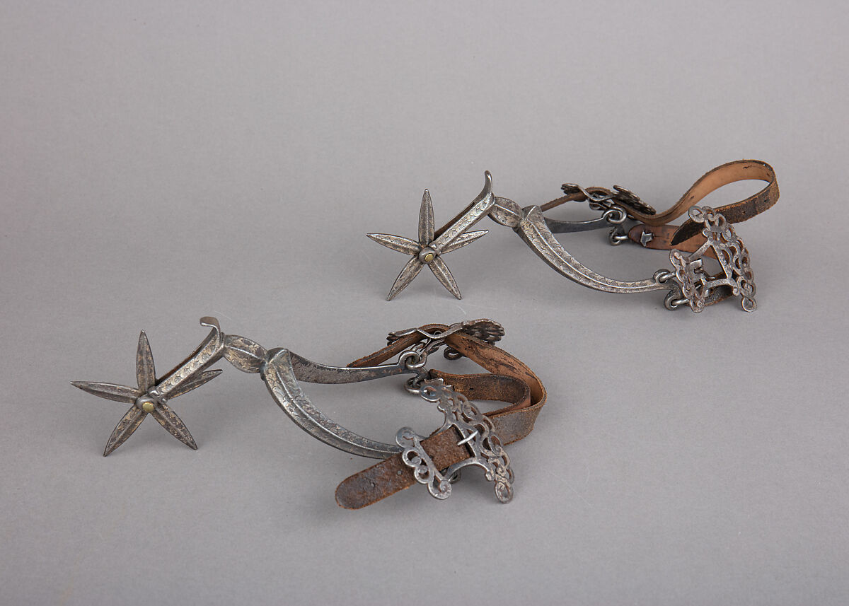 Pair of Rowel Spurs, Iron alloy, silver, copper alloy, leather, German